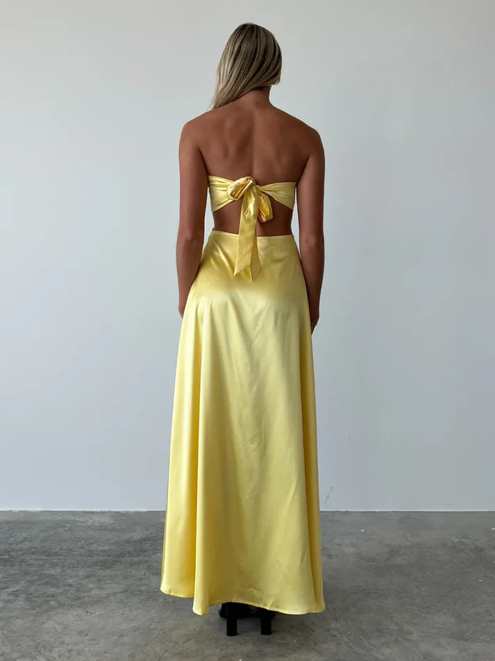 Luolandi Yellow Strapless Cute Satin Simple A-Line Long Party Dress Off Shoulder Sexy Evening Dress